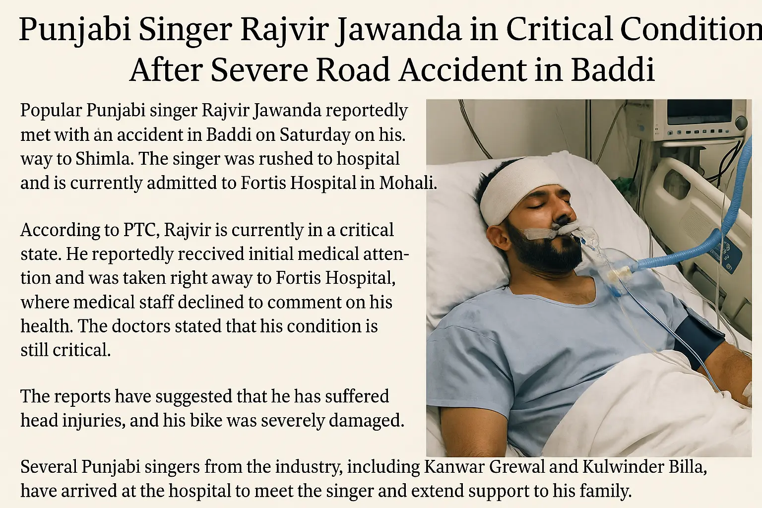 Punjabi Singer Rajvir Jawanda in Critical Condition After Severe Road Accident in Baddi