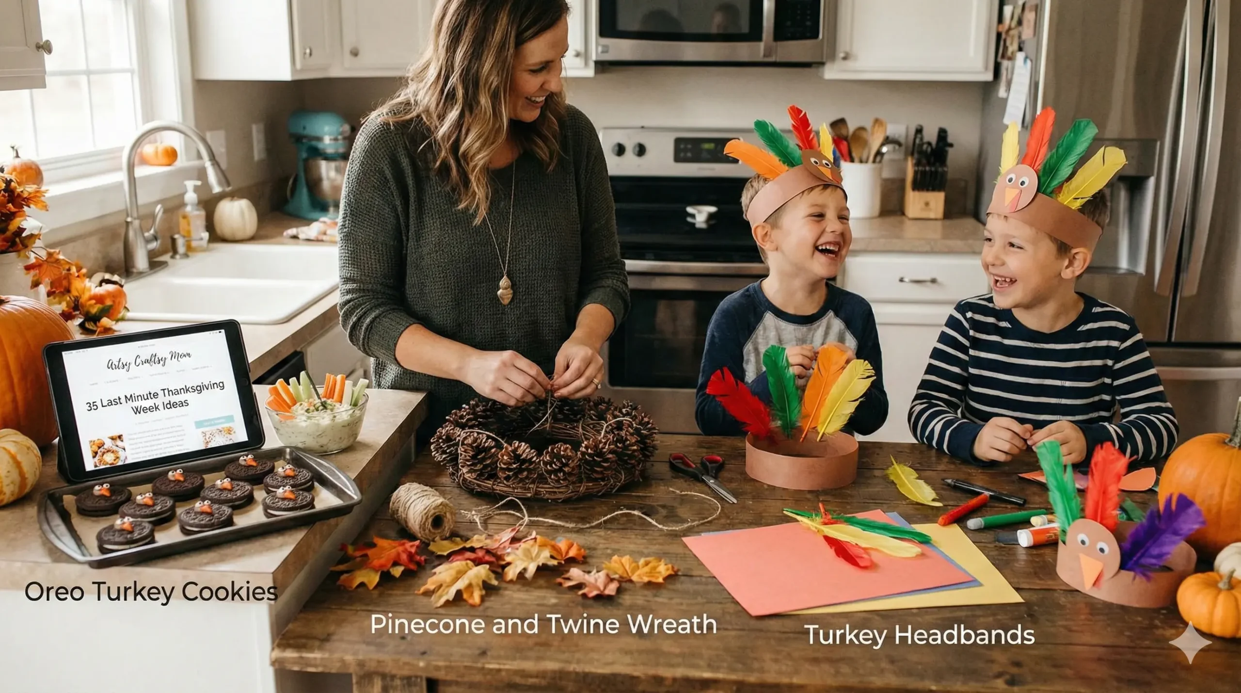 35 Last Minute Thanksgiving Week Ideas Sharing is caring! 12.1K shares Share Tweet Pin Reddit Email Our Last Minute Thanksgiving week Ideas have you covered when it comes to decorations, food, crafts, activities and much more! People tend to put a lot of pressure on them for holidays, trying to put together the ‘perfect’ celebration. Unfortunately, we’re imperfect humans, with jobs and responsibilities. As a result, we often find ourselves scurrying at the last minute, scrambling to get everything ready! With Thanksgiving right around the corner, our Pinterest feed has been flooded with fun Thanksgiving ideas, but not all of them are suitable for a last-minute rush. That’s why we thought we’d put together a list of easy and fun last minute Thanksgiving week ideas so you can still have that dream Thanksgiving celebration! Contents show 35 Last Minute Thanksgiving Week Ideas Our Last Minute Thanksgiving week Ideas have you covered when it comes to decorations, food, crafts, activities and much more! Last Minute Thanksgiving Week Ideas for your Entryway 1. Easy DIY Fall Wreath with Twine and Pinecones Easy DIY Fall Wreath with Twine and Pinecones 1 6 Subscribe to Artsy Craftsy Mom! Get updates on the latest posts and more from Artsy Craftsy Mom straight to your inbox. I agree to my personal data being used for interest-based advertising as outlined in the Privacy Notice. Website Your Email... Subscribe We can’t think of a better way to welcome your guests than with this gorgeous fall-themed wreath on your front door! It’s made with twine and pine cones, giving it that lovely, rustic vibe. Crumpled Paper Flower Mother’s Day Card Play Video