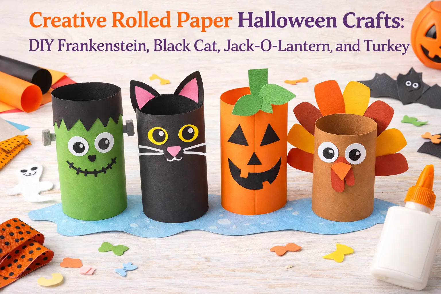 Creative Rolled Paper Halloween Crafts: DIY Frankenstein, Black Cat, Jack-O-Lantern, and Turkey