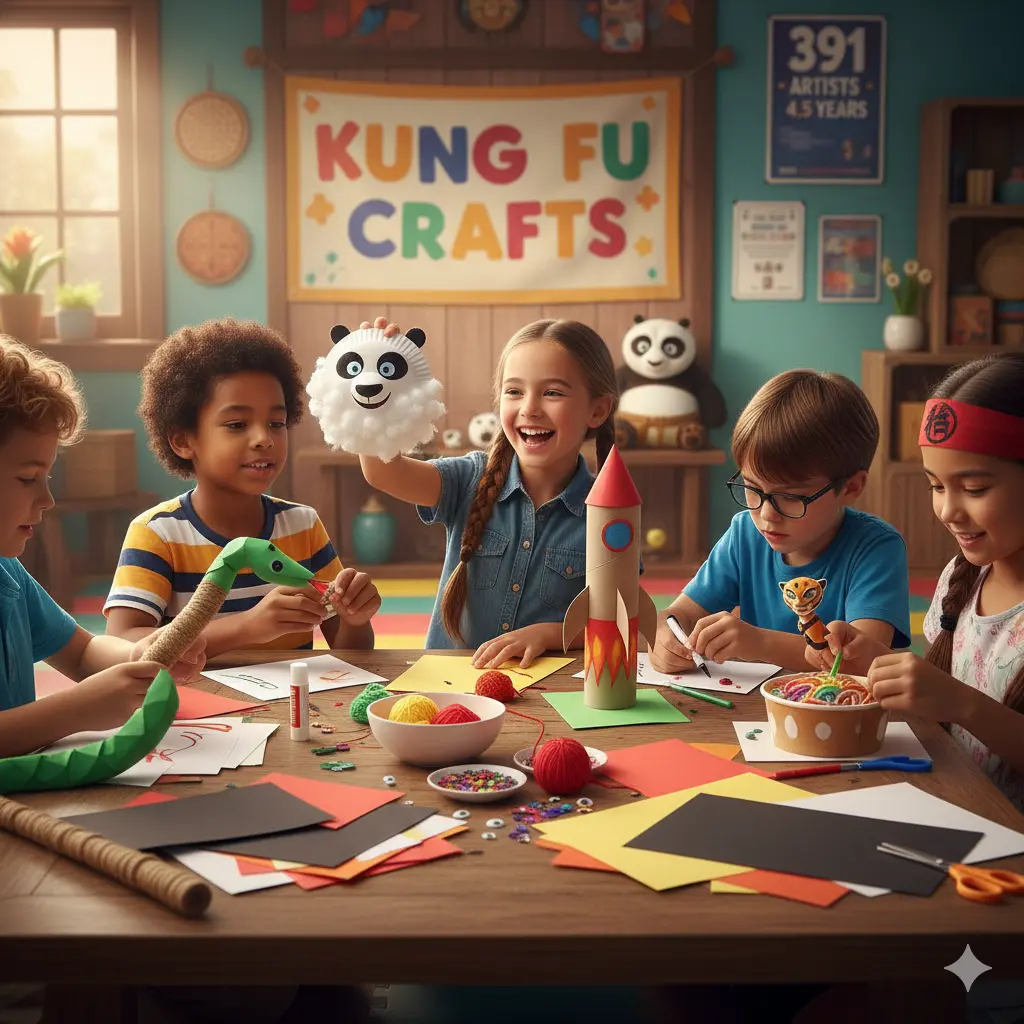 generate a 16:9 ratio fatured image on this topic 10 Fun Kung Fu Panda Crafts for Kids: Unleash Your Inner Dragon Warrior!